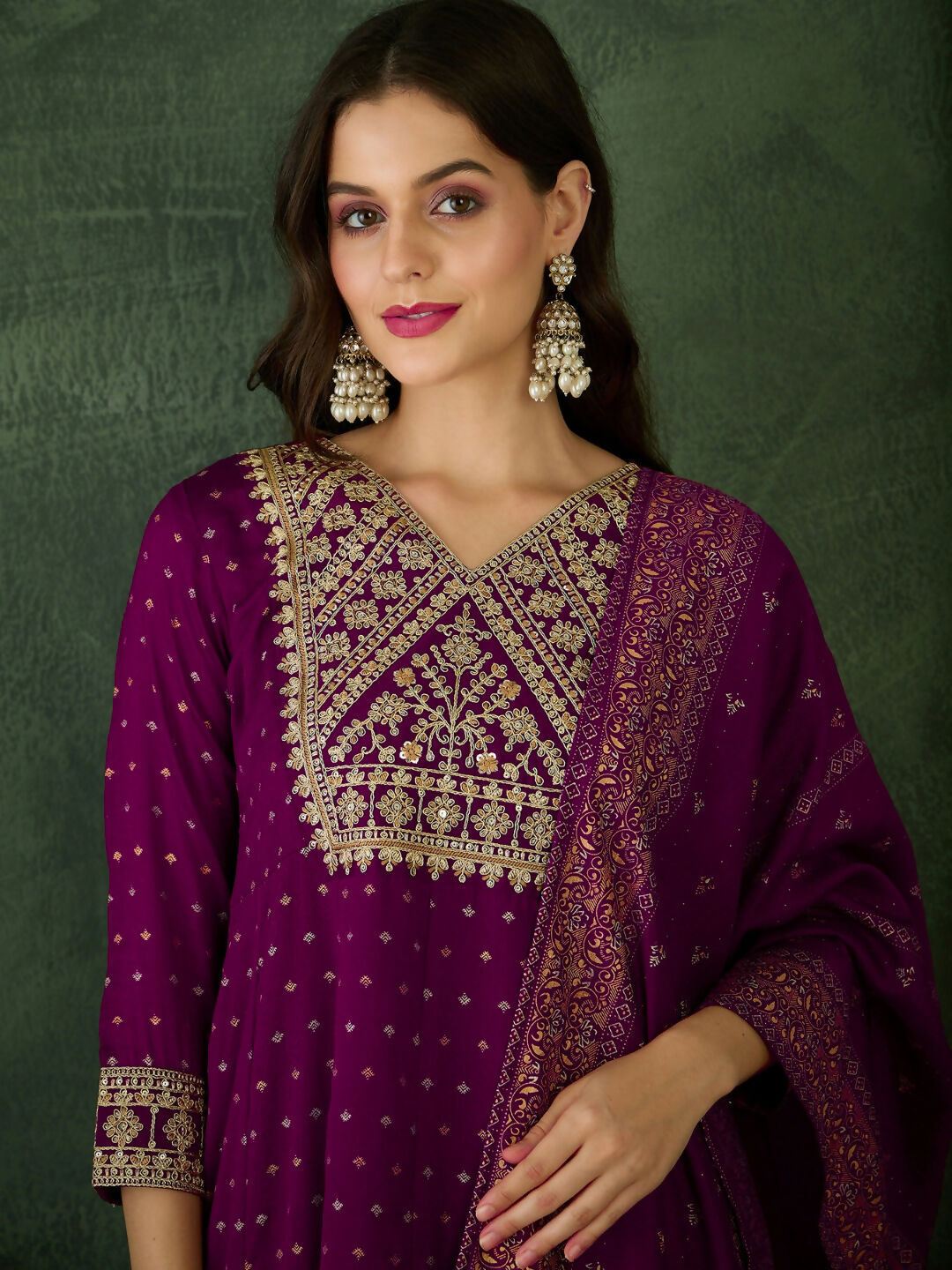 The52 Wine Women's Gorgeous Embroidered Work Vichitra Silk Fabric Flared Kurta Pant and Dupatta Set | Grocsy