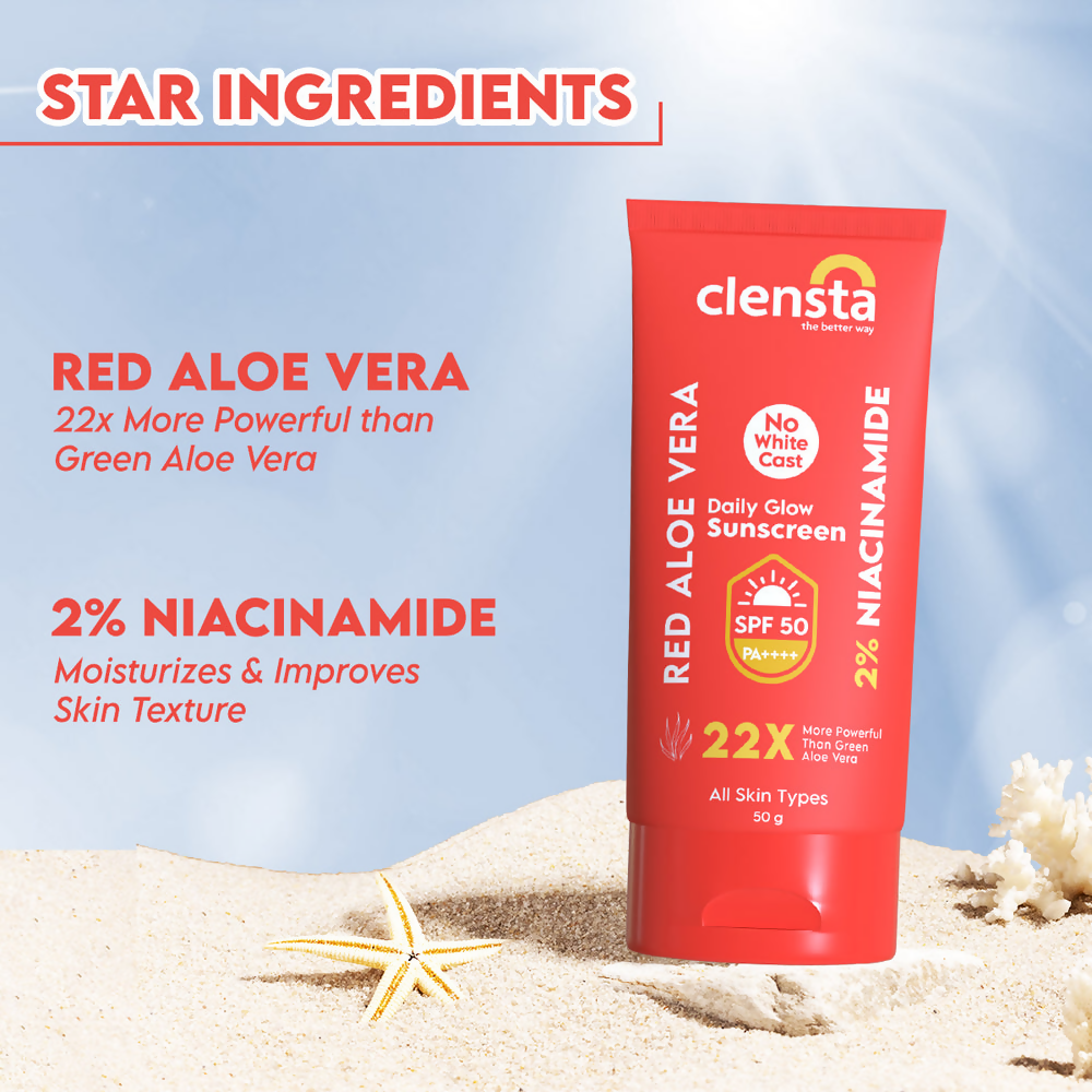Clensta Red Aloe Vera Daily Glow Sunscreen SPF 50 | Grocsy