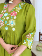 The52 Women's Beautiful Embroidery Work Viscose Silk Fabric Flared Kurta Pant and Dupatta Set | Grocsy