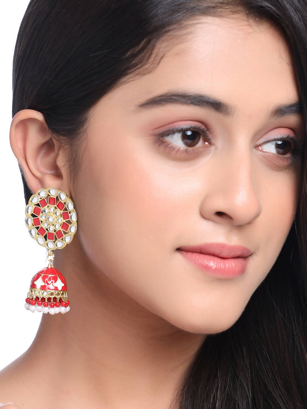 NVR Women Gold-Polished Red Dome Shaped Meenkari Jhumkas Earrings | Grocsy