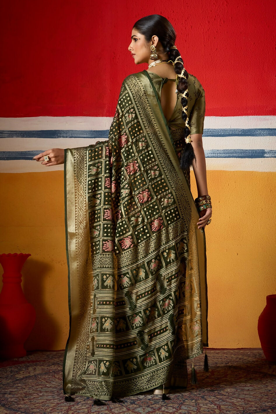 Joban Fashion Green Dull Moss Brasso Saree | Grocsy