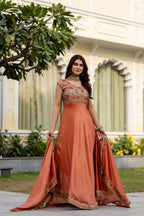 Teeya Creation Orange Color Vichitra Silk Designer Party Wear long Gown | Grocsy