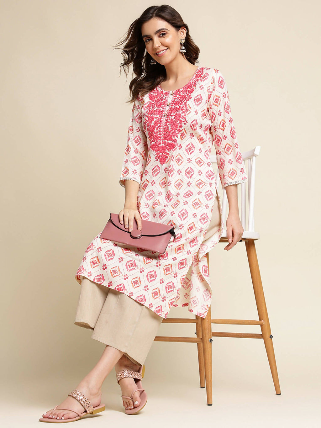 Pink Poly Rayon Aztec Printed Straight Fit Kurta - Prasuti | Grocsy