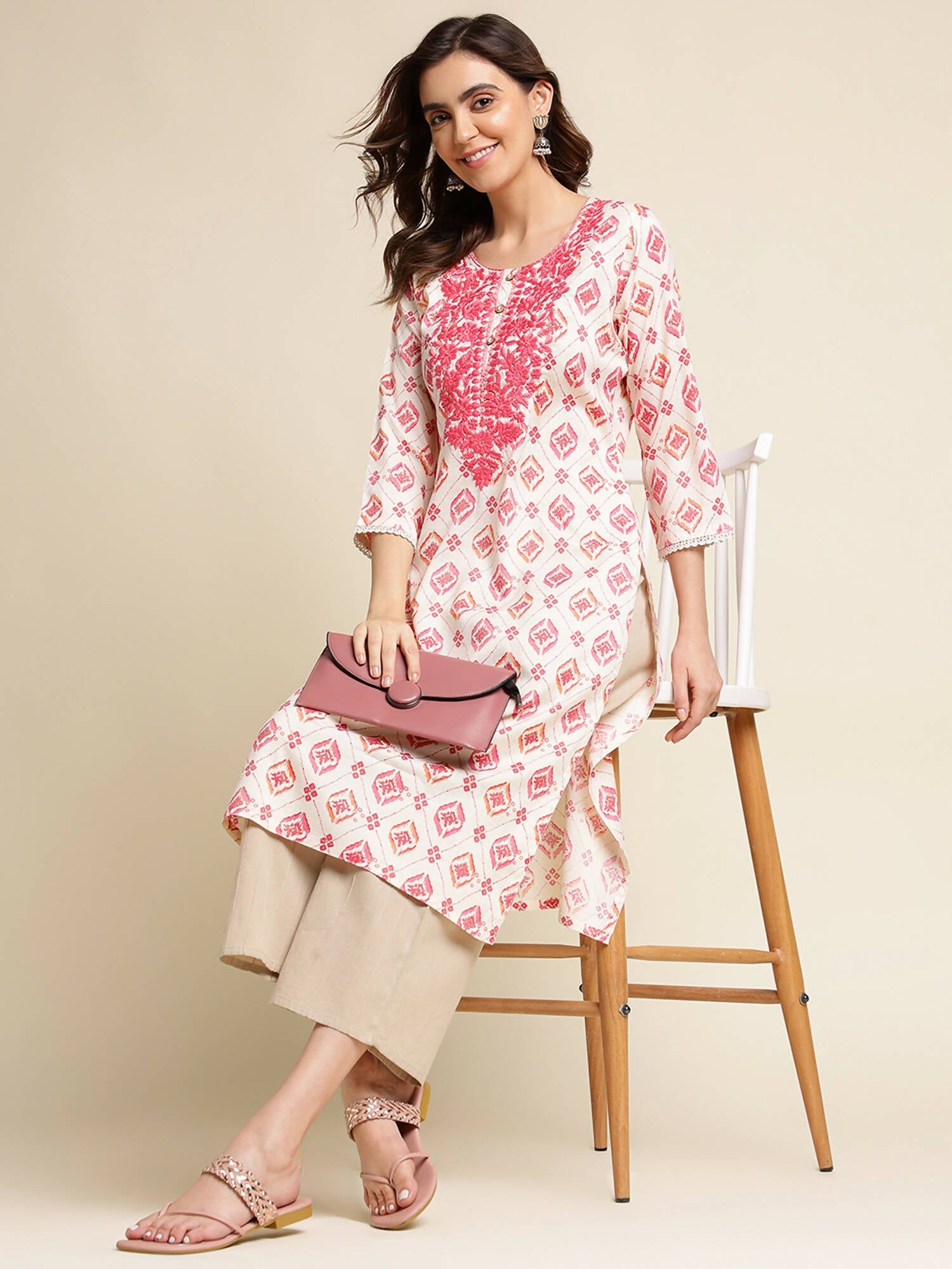 Pink Poly Rayon Aztec Printed Straight Fit Kurta - Prasuti | Grocsy