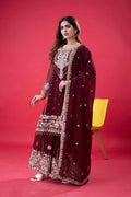Teeya Creation Maroon Color Faux georgette Embroidery Work Sharara Set | Grocsy