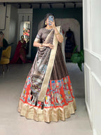 Vastranavya Kalamkari Print With Weaving Border Lehenga with Unstitched Blouse - Brown | Grocsy