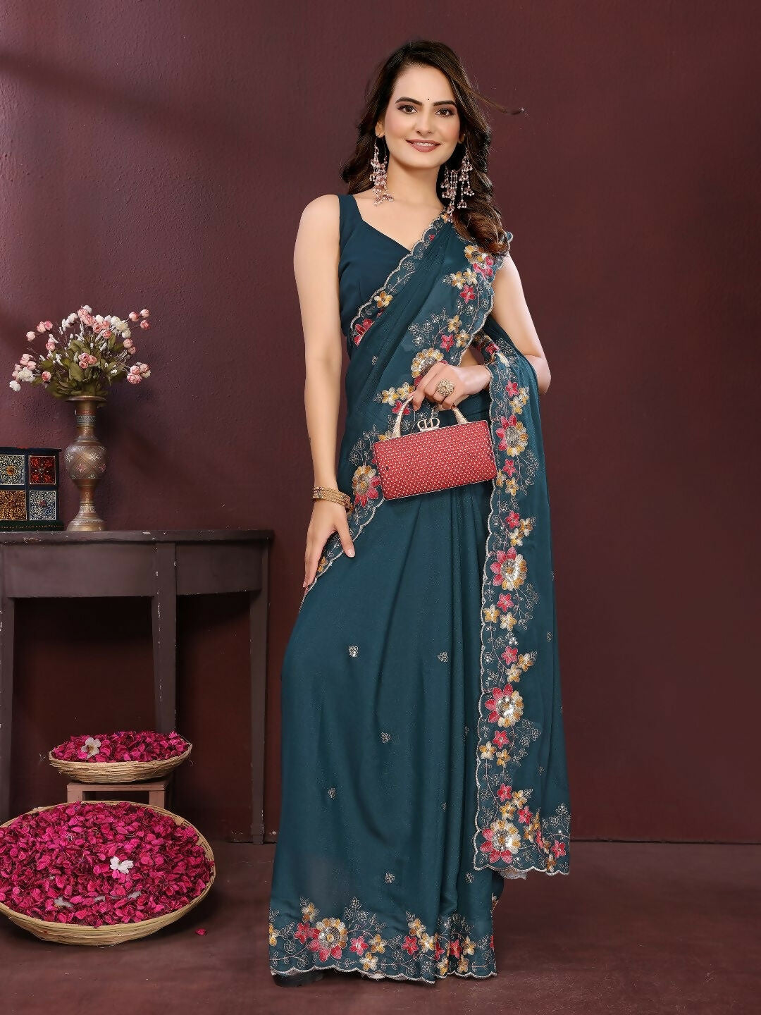 Ai Fashion Teal Soft Star Georgette Embroidery Party Wear Saree | Grocsy