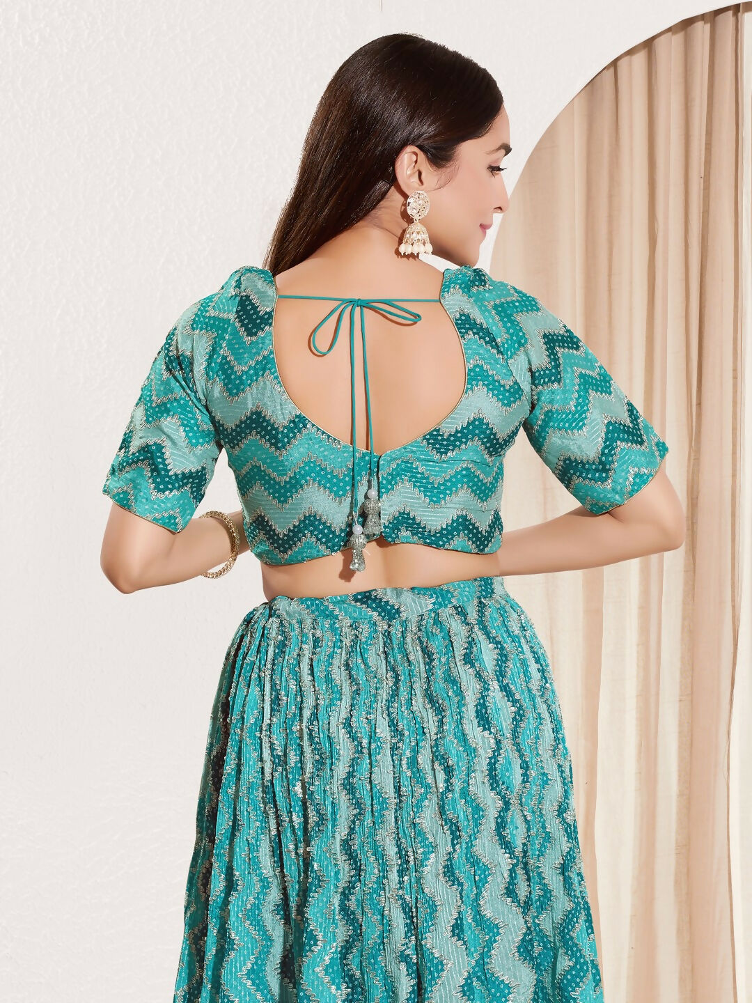 Joban Fashion Rama Green Chiffon Padded Blouse With Square Neck Elbow Sleeves | Grocsy