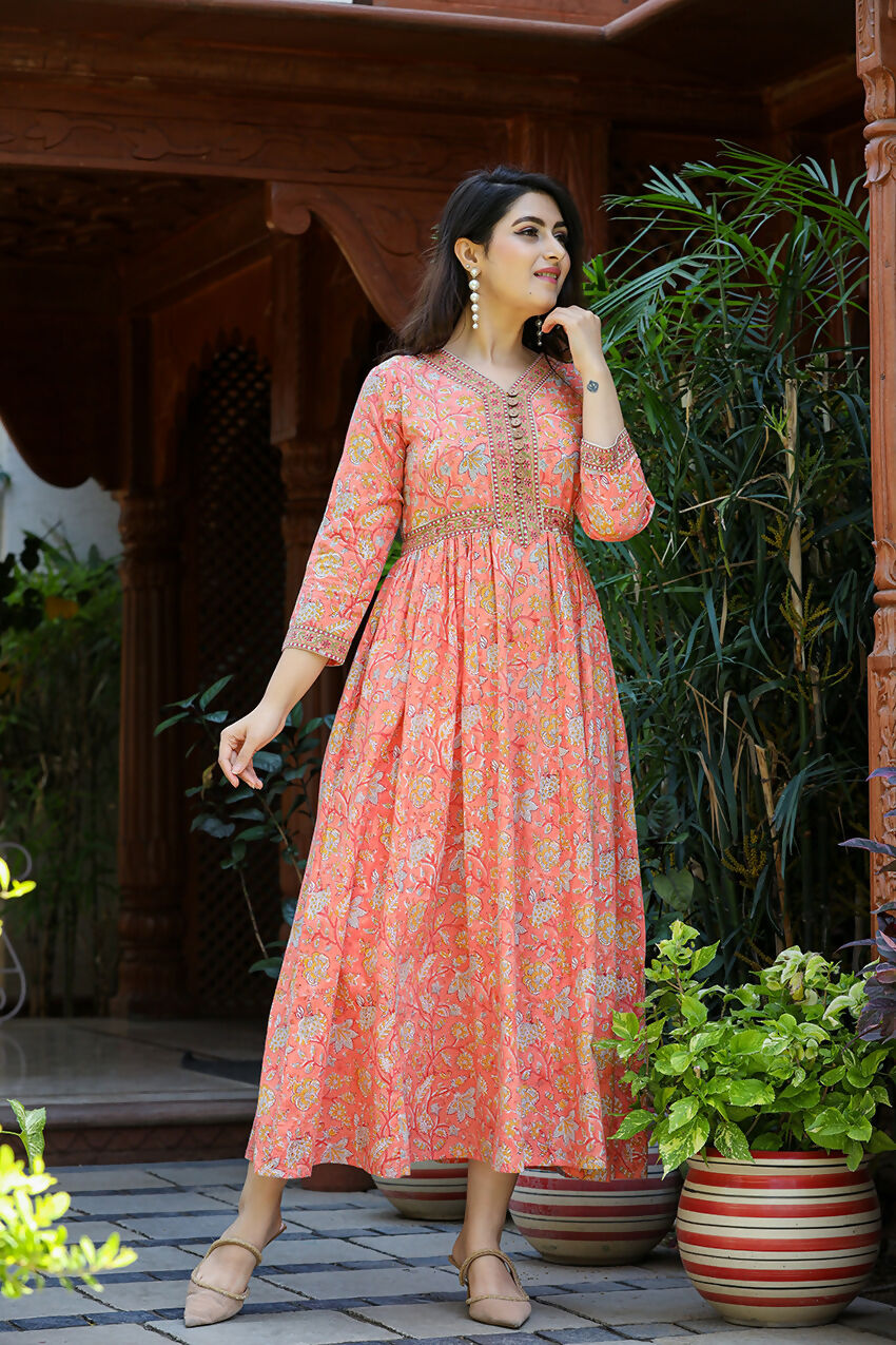 Kaajh Women's Light Orange Floral Handblock Printed Cotton Dress | Grocsy