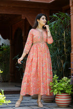 Kaajh Women's Light Orange Floral Handblock Printed Cotton Dress | Grocsy