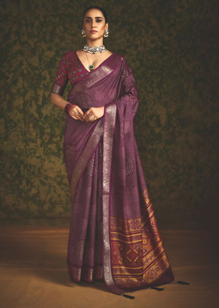 Joban Fashion Maroon Velvet Tussar Silk with Foil Print Saree | Grocsy