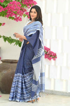 Beatitude Blue Cotton Tanchori Handloom Saree | Grocsy