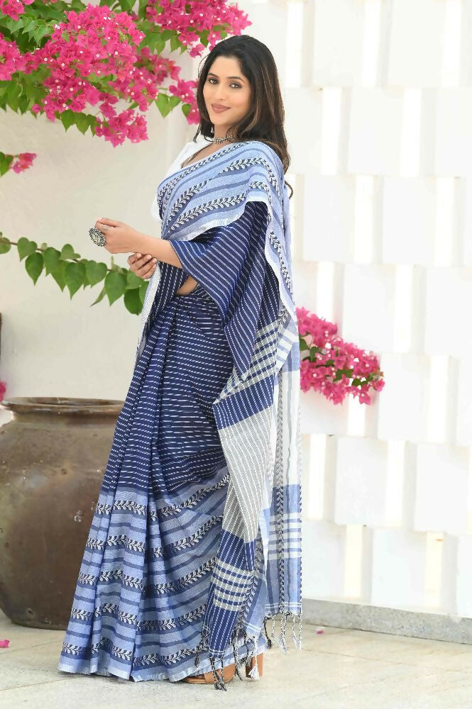 Beatitude Blue Cotton Tanchori Handloom Saree | Grocsy