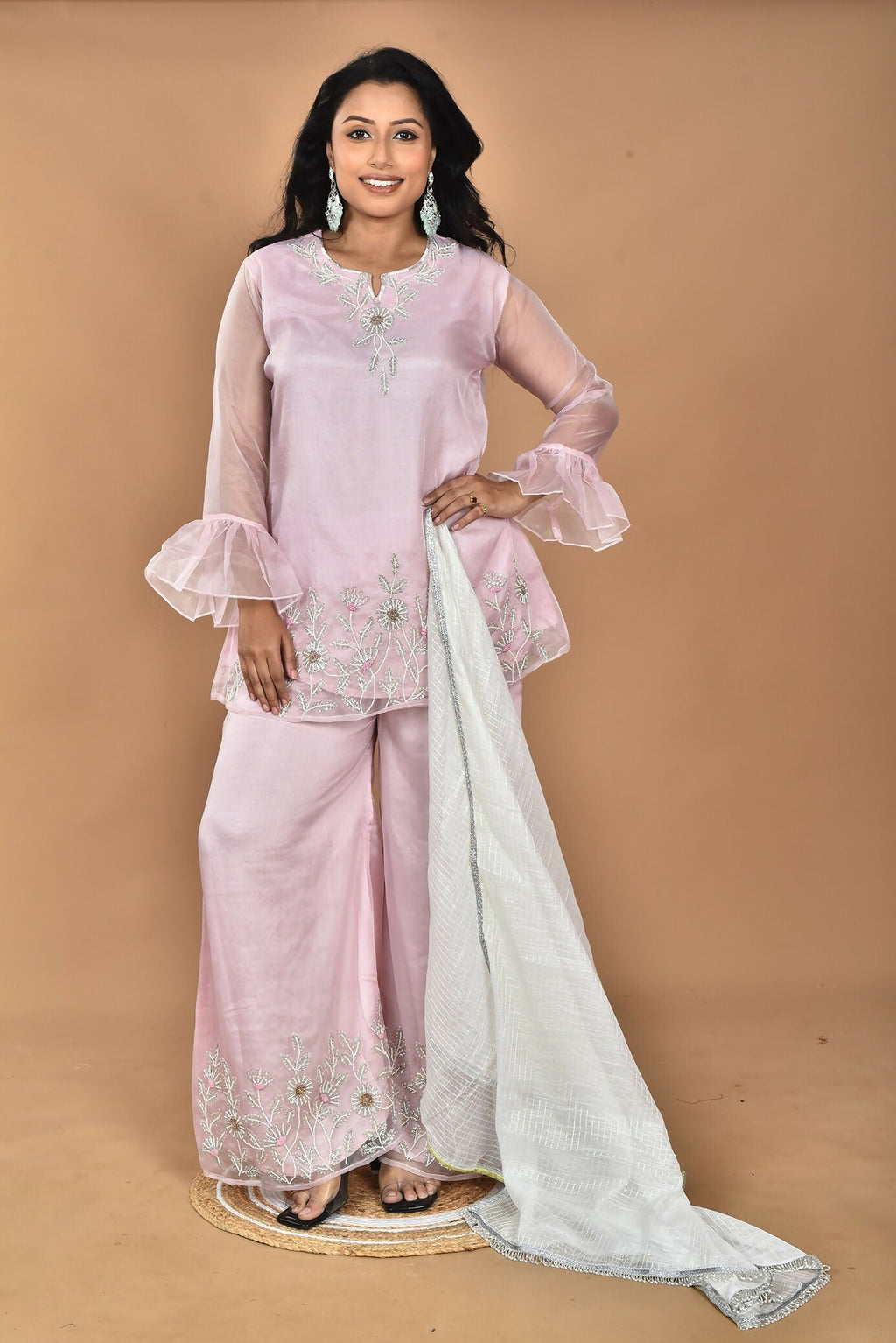 Morchari Women And Hand Embroidery Palazzo Set-Pink | Grocsy