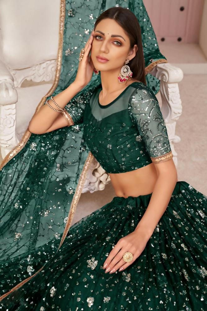 Aastha Fashion Parrot Green Butterfly Net All Over Thread Work, Zari Work And Sandwich Sequence Work Embroidery Wedding Wear Lehenga Choli | Grocsy