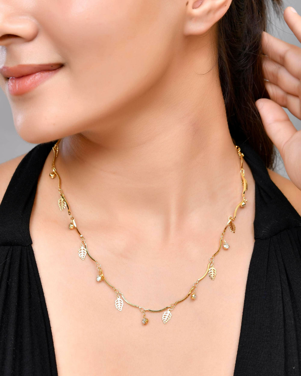 VOJ Gold-Polished Designer Chain For Women With AD Stone And Leaf | Grocsy