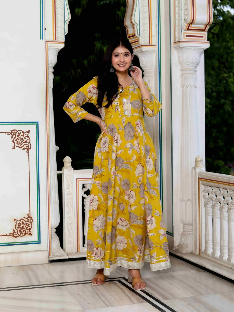 Miravan Women's Cotton Gotapatti And Lace Border Details Floral Printed Yellow Anarkali Kurta | Grocsy