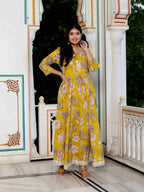Miravan Women's Cotton Gotapatti And Lace Border Details Floral Printed Yellow Anarkali Kurta | Grocsy