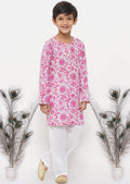 Little Bansi Boys Cotton Floral Kurta with Pearl Buttons & Pyjama in Pink & Cream | Grocsy