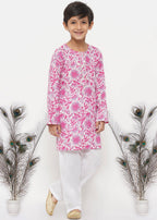 Little Bansi Boys Cotton Floral Kurta with Pearl Buttons & Pyjama in Pink & Cream | Grocsy