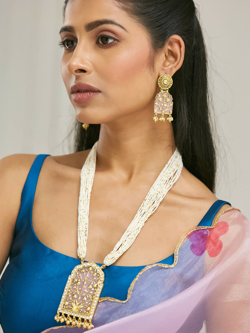 Nuyug 22K Gold-Plated Pearl Beaded Strings Floral Motifs Enamel Pendant Necklace Set | Grocsy
