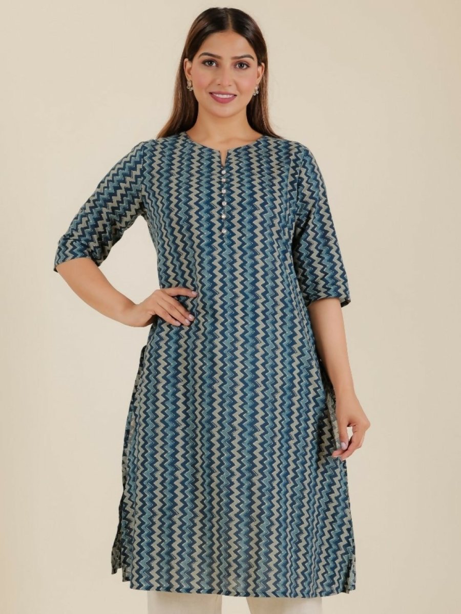 Aramya Blue Soft Cotton Chevron A-line Kurta for Women | Grocsy
