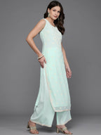 Ahalyaa Women Floral Embroidered Regular Kurta with Palazzos - Blue Color | Grocsy