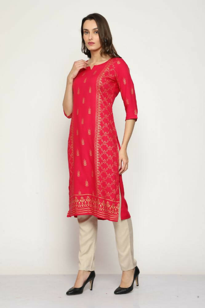 Maai Rayon Hand Printed Kurta Red | Grocsy