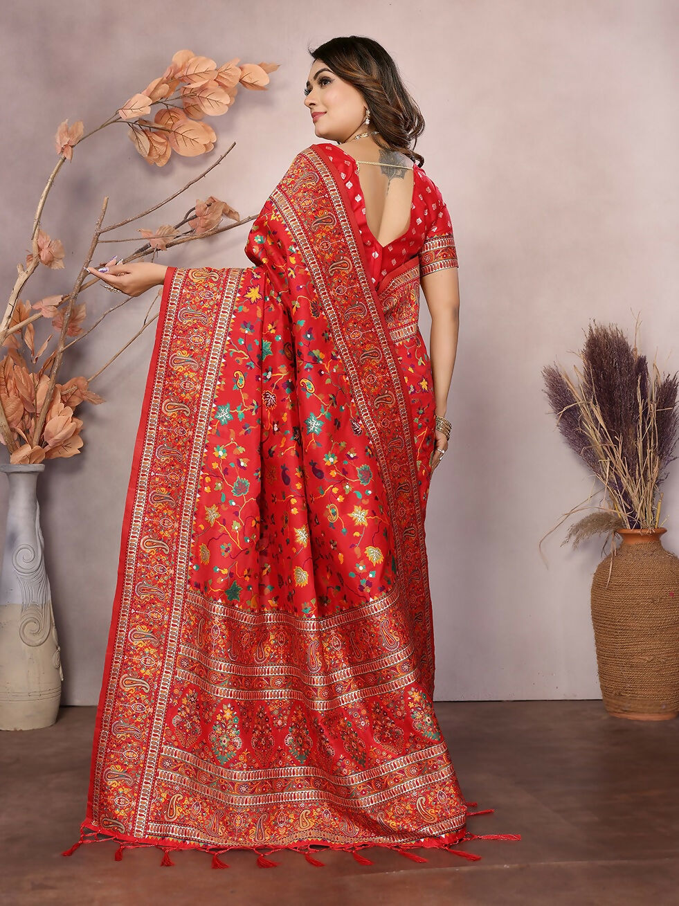 Joban Fashion Red Meena Weaves Pashmina Sarees | Grocsy