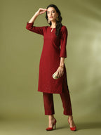 Myshka Women's Maroon Embroidered Cotton Straight Party Kurta Set | Grocsy