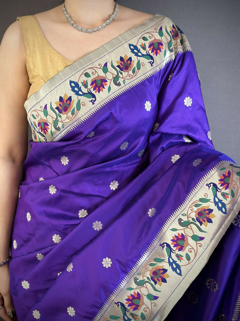 Prime Volt Premium Soft Silk Mayur Paithani Saree with Peacock Meena Weaving & Rich Pallu-Royal Purple | Grocsy