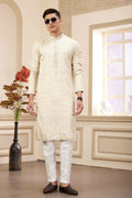 Raivat Ethnic Art Silk Thread Work Kurta Pajama In Beige Colour | Grocsy