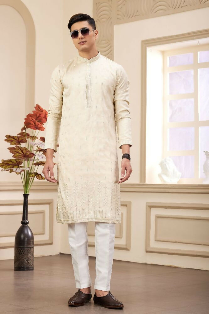 Raivat Ethnic Art Silk Thread Work Kurta Pajama In Beige Colour | Grocsy