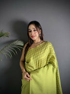 Joban Fashion Light Green Banarasi Soft Lichi Silk Checks & Woven Saree | Grocsy