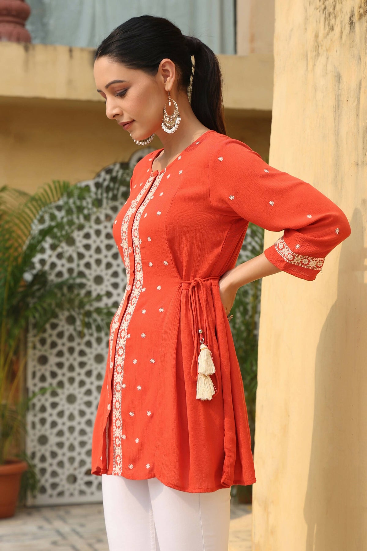 Juniper Women's Orange Rayon Crepe Embroidered Tunic | Grocsy