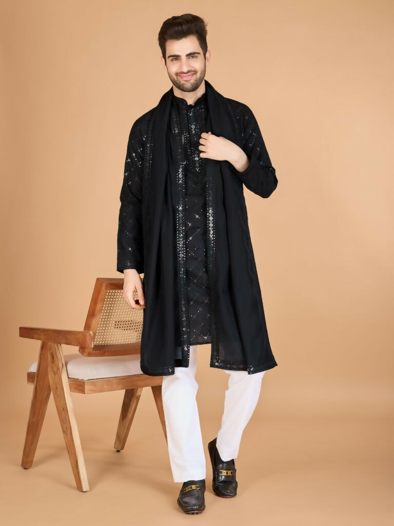 Vastranavya Black Exclusive Festival Wear Viscose Silk Thread & Sequence Embroidered Work Kurta with Dupatta | Grocsy