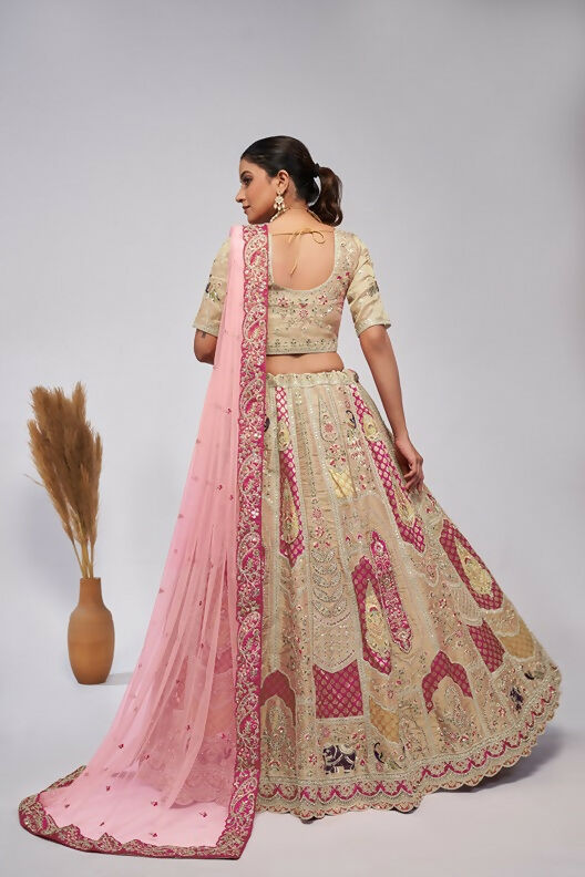 Kesar Fab Ivory Silk Embroidered Lehenga | Grocsy