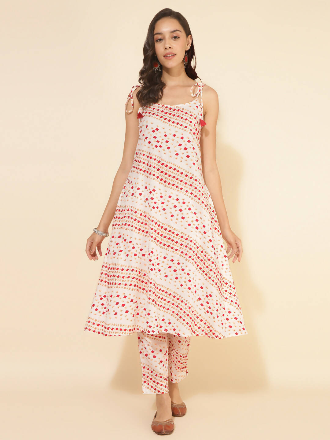 Janasya Women's White Cotton Geometric Printed Casual A-line Co-ords | Grocsy