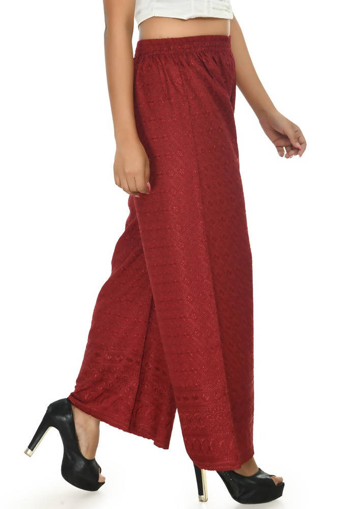 Mominos Fashion Moeza Reyon Cotton Maroon Color Chikan Work Palazzo | Grocsy