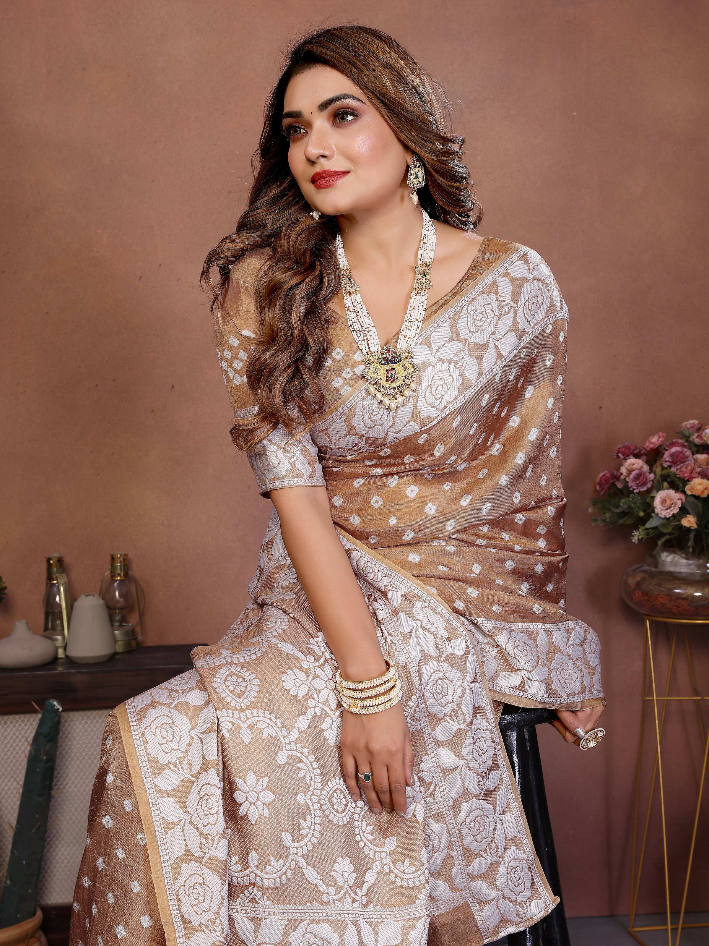 Aastha Fashion Light Brown Viscose Silk Handmade Original Bandhej Saree | Grocsy
