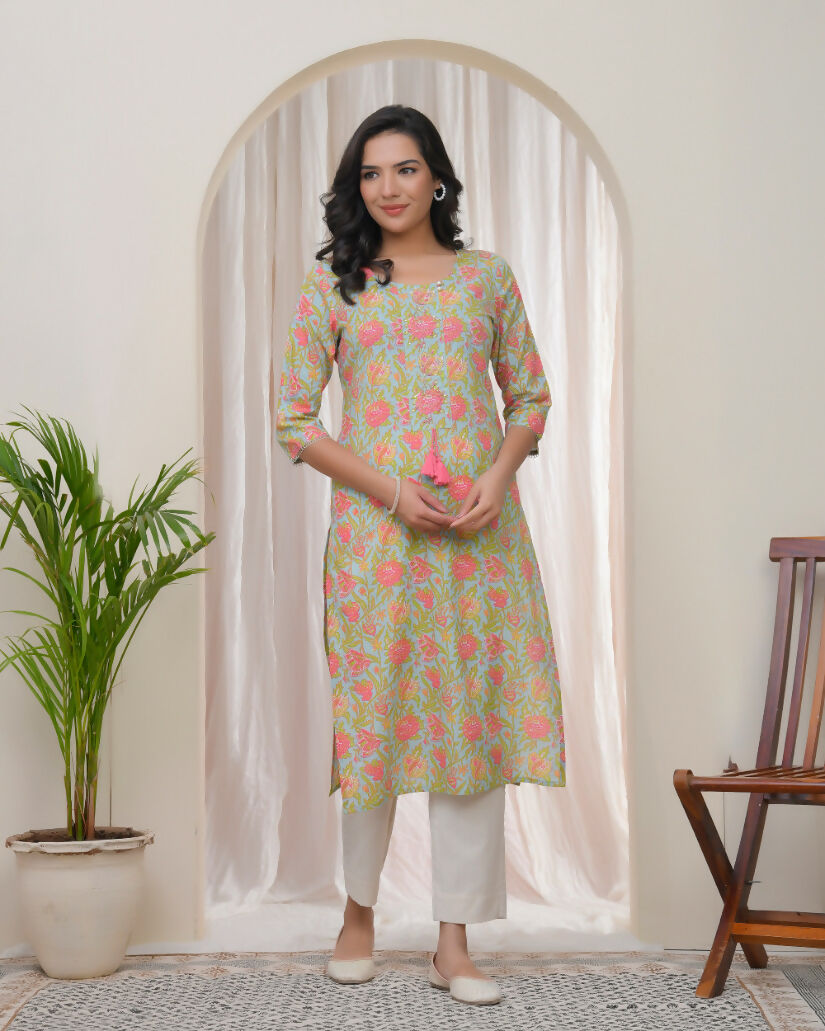 Vaasva Women Multi Cotton Printed Straight Kurti With Pant | Grocsy