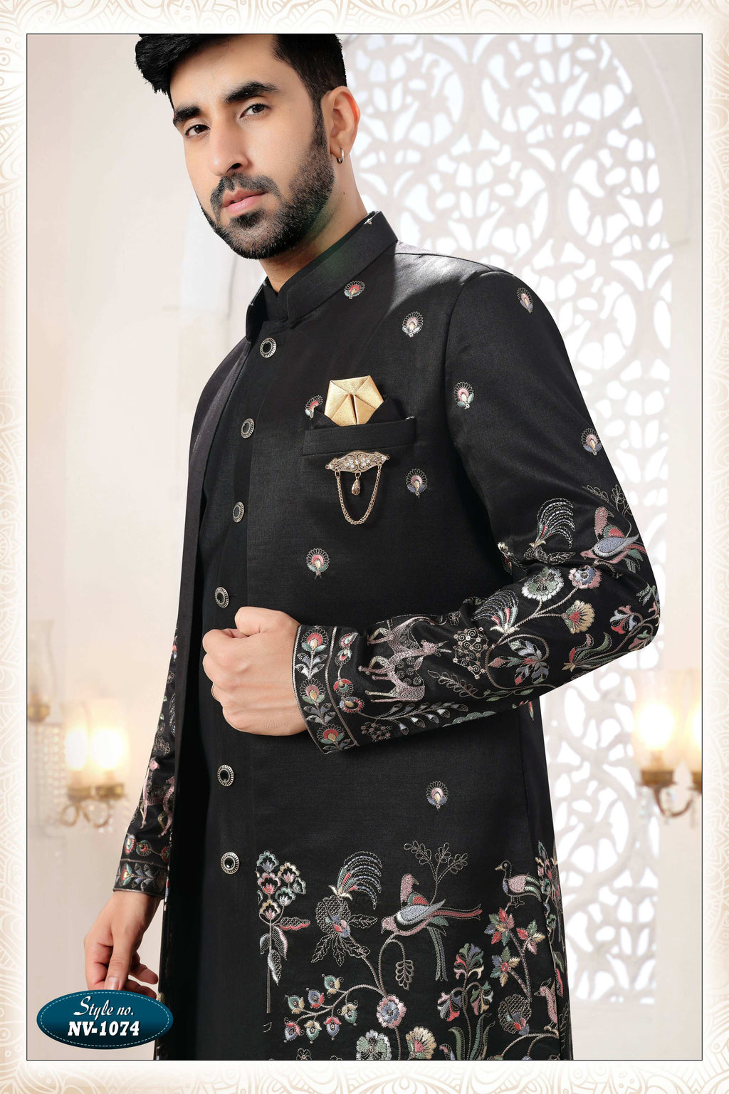 Joban Fashion Men's Black Straight Silk Thread And Sequence Embroidery All Over 3 Pc Kurta Set | Grocsy