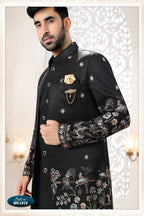 Joban Fashion Men's Black Straight Silk Thread And Sequence Embroidery All Over 3 Pc Kurta Set | Grocsy