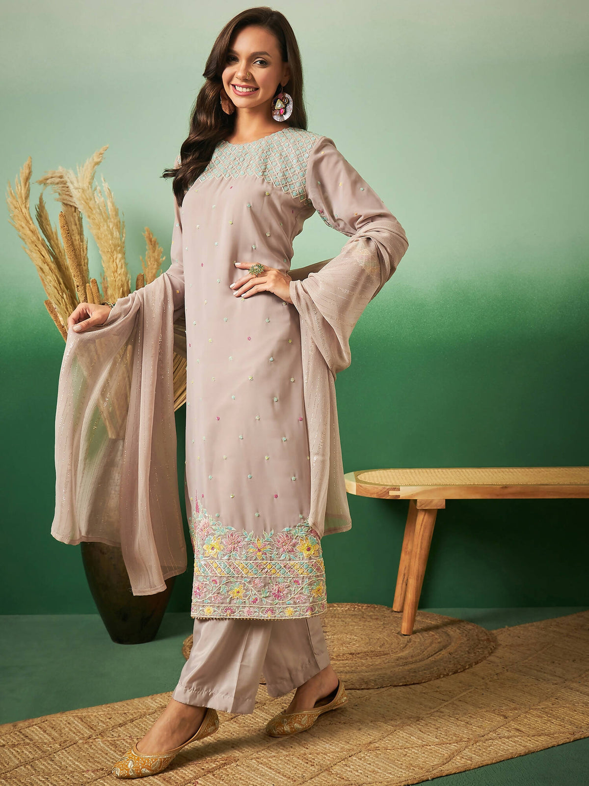 Light Brown Georgette Handwork Unstitched Dress Material - Hanika | Grocsy