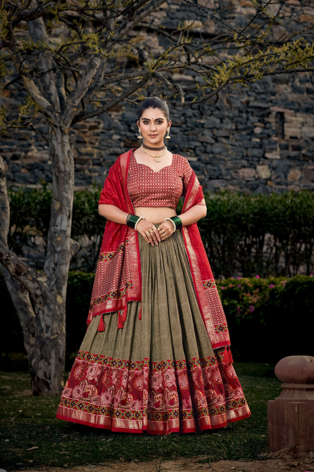 Vastranavya Floral Print With Foil Print Tussar Silk Lehenga With Unstitched Blouse - Mehendi | Grocsy