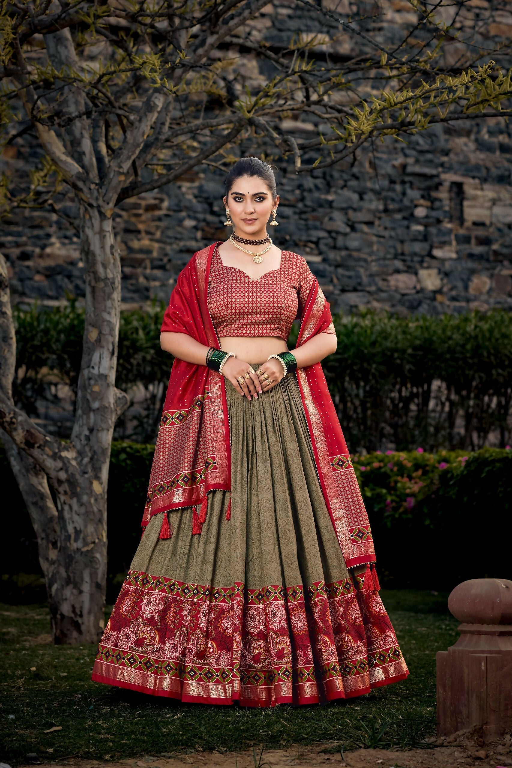 Vastranavya Floral Print With Foil Print Tussar Silk Lehenga With Unstitched Blouse - Mehendi | Grocsy