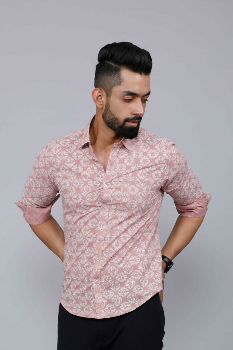 Miravan Men's Pink Pure Cotton Floral Print Slim Fit Casual Shirt | Grocsy