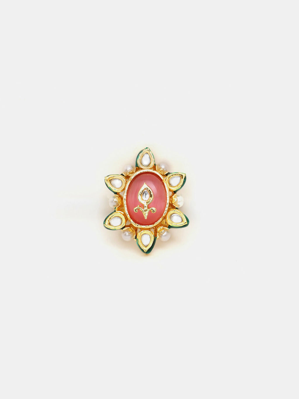 Ruby Raang Gold Polished Peach Kundan Cocktail Ring | Grocsy