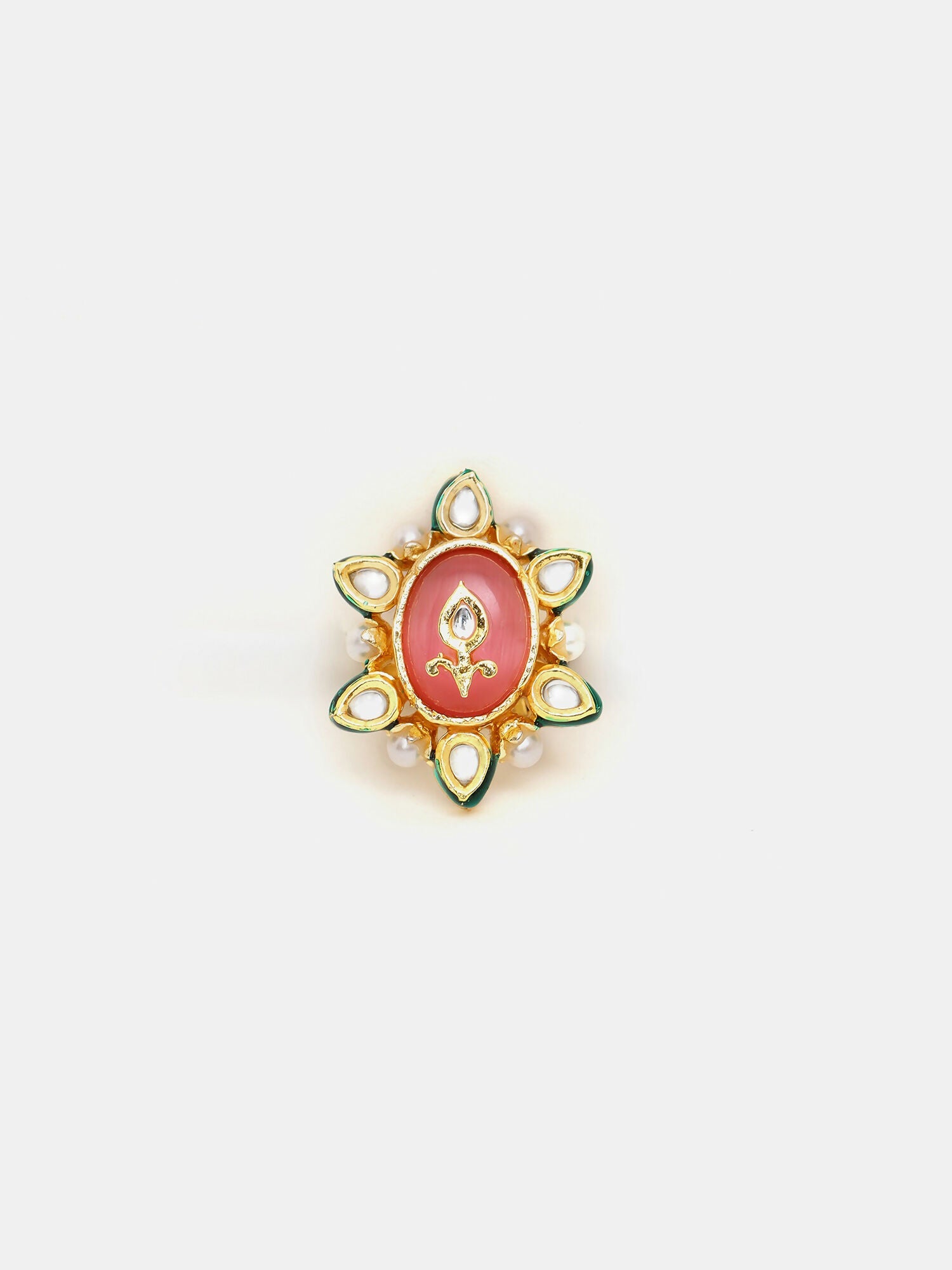 Ruby Raang Gold Polished Peach Kundan Cocktail Ring | Grocsy