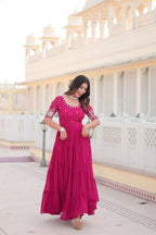 Vastranavya Premium Designer Faux Blooming with Embroidery Zari Sequins work Gown - Pink | Grocsy